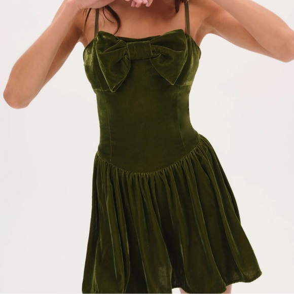 For Love And Lemons Green Olive Velvet Mini Dress - Picture 1 of 3